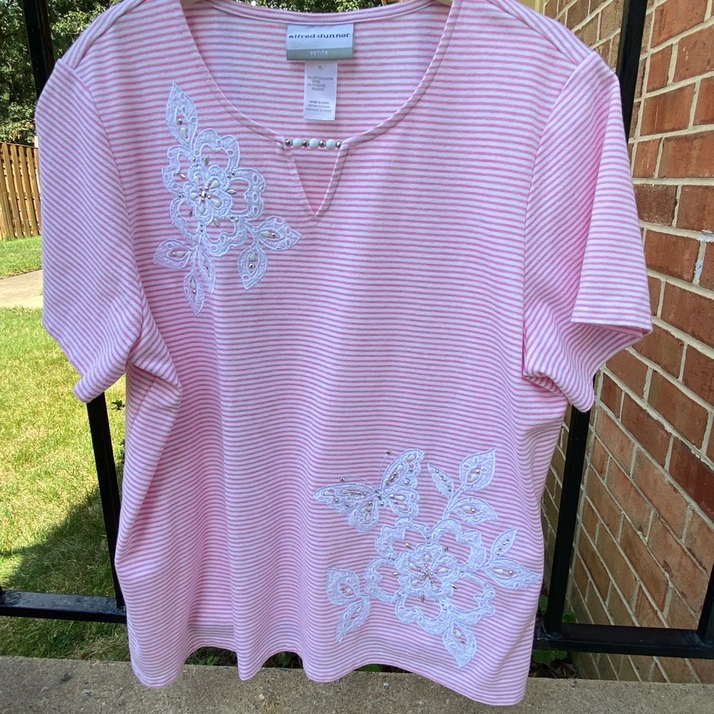Alfred Dunner Pink Striped Short Sleeve Top